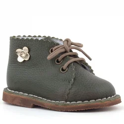 Rakerplus Handmade Hakiki Deri Haki Yeşil Çiçekli Bağcıklı Bebek Bot