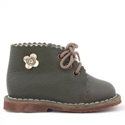 Rakerplus Handmade Hakiki Deri Haki Yeşil Çiçekli Bağcıklı Bebek Bot