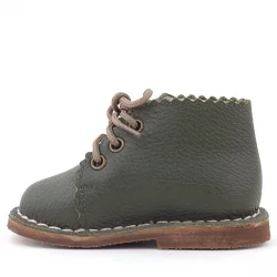 Rakerplus Handmade Hakiki Deri Haki Yeşil Çiçekli Bağcıklı Bebek Bot