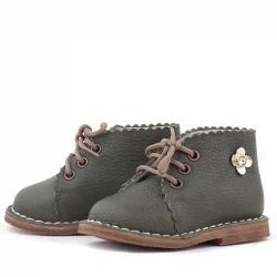 Rakerplus Handmade Hakiki Deri Haki Yeşil Çiçekli Bağcıklı Bebek Bot