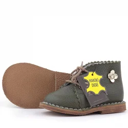 Rakerplus Handmade Hakiki Deri Haki Yeşil Çiçekli Bağcıklı Bebek Bot