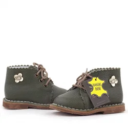 Rakerplus Handmade Hakiki Deri Haki Yeşil Çiçekli Bağcıklı Bebek Bot