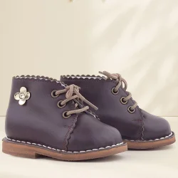 Rakerplus Handmade Hakiki Deri Kahverengi Çiçek Detaylı Bağcıklı Bebek Bot