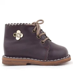 Rakerplus Handmade Hakiki Deri Kahverengi Çiçek Detaylı Bağcıklı Bebek Bot