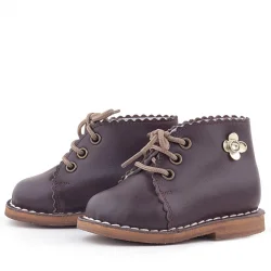 Rakerplus Handmade Hakiki Deri Kahverengi Çiçek Detaylı Bağcıklı Bebek Bot