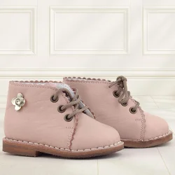 Rakerplus Handmade Hakiki Deri Pembe Çiçek Detaylı Bağcıklı Bebek Bot