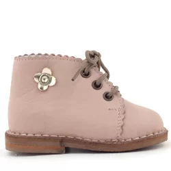 Rakerplus Handmade Hakiki Deri Pembe Çiçek Detaylı Bağcıklı Bebek Bot
