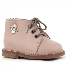 Rakerplus Handmade Hakiki Deri Pembe Çiçek Detaylı Bağcıklı Bebek Bot