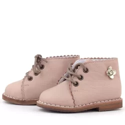 Rakerplus Handmade Hakiki Deri Pembe Çiçek Detaylı Bağcıklı Bebek Bot