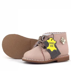 Rakerplus Handmade Hakiki Deri Pembe Çiçek Detaylı Bağcıklı Bebek Bot