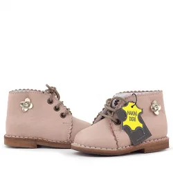 Rakerplus Handmade Hakiki Deri Pembe Çiçek Detaylı Bağcıklı Bebek Bot