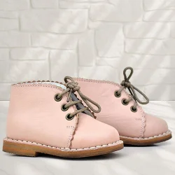 Rakerplus Handmade Hakiki Deri Pudra Pembe Bağcıklı Kız Bebek Bot