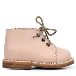 Rakerplus Handmade Hakiki Deri Pudra Pembe Bağcıklı Kız Bebek Bot