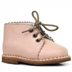 Rakerplus Handmade Hakiki Deri Pudra Pembe Bağcıklı Kız Bebek Bot