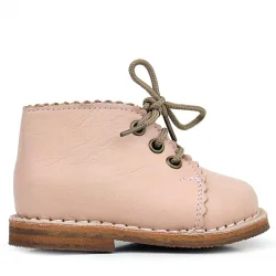 Rakerplus Handmade Hakiki Deri Pudra Pembe Bağcıklı Kız Bebek Bot