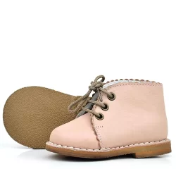 Rakerplus Handmade Hakiki Deri Pudra Pembe Bağcıklı Kız Bebek Bot
