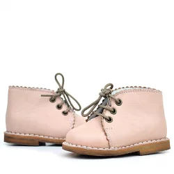 Rakerplus Handmade Hakiki Deri Pudra Pembe Bağcıklı Kız Bebek Bot