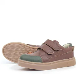 Rakerplus Kahverengi Yeşil Hakiki Deri Cırtlı Kız Çocuk Sneaker Ayakkabı