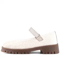 Rakerplus Krem Cırtlı Kalın Tabanlı Kız Çocuk Peluş Babet Ayakkabısı