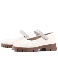 Rakerplus Krem Cırtlı Kalın Tabanlı Kız Çocuk Peluş Babet Ayakkabısı