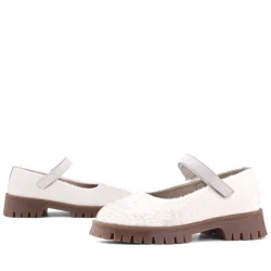 Rakerplus Krem Cırtlı Kalın Tabanlı Kız Çocuk Peluş Babet Ayakkabısı