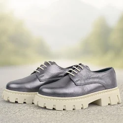 Rakerplus Platin Hakiki Deri Bağcıklı Kız Çocuk Oxford Okul Ayakkabı