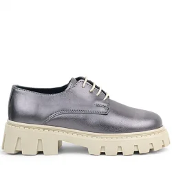 Rakerplus Platin Hakiki Deri Bağcıklı Kız Çocuk Oxford Okul Ayakkabı