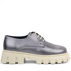 Rakerplus Platin Hakiki Deri Bağcıklı Kız Çocuk Oxford Okul Ayakkabı