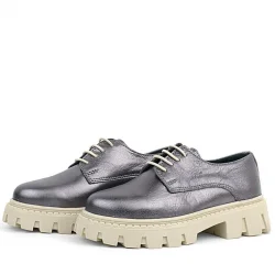 Rakerplus Platin Hakiki Deri Bağcıklı Kız Çocuk Oxford Okul Ayakkabı