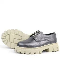 Rakerplus Platin Hakiki Deri Bağcıklı Kız Çocuk Oxford Okul Ayakkabı