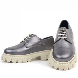 Rakerplus Platin Hakiki Deri Bağcıklı Kız Çocuk Oxford Okul Ayakkabı