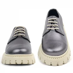 Rakerplus Platin Hakiki Deri Bağcıklı Kız Çocuk Oxford Okul Ayakkabı