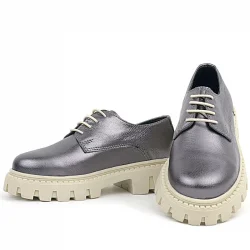 Rakerplus Platin Hakiki Deri Bağcıklı Kız Çocuk Oxford Okul Ayakkabı