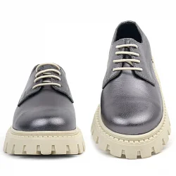 Rakerplus Platin Hakiki Deri Bağcıklı Kız Çocuk Oxford Okul Ayakkabı