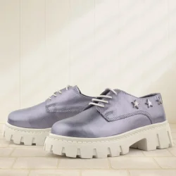 Rakerplus Platin Hakiki Deri Bağcıklı Yıldızlı Kız Çocuk Oxford Okul Ayakkabı