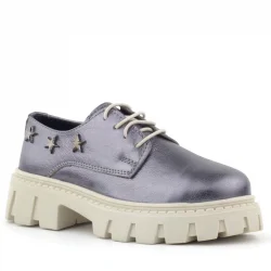 Rakerplus Platin Hakiki Deri Bağcıklı Yıldızlı Kız Çocuk Oxford Okul Ayakkabı