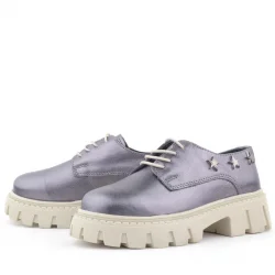 Rakerplus Platin Hakiki Deri Bağcıklı Yıldızlı Kız Çocuk Oxford Okul Ayakkabı