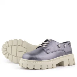 Rakerplus Platin Hakiki Deri Bağcıklı Yıldızlı Kız Çocuk Oxford Okul Ayakkabı