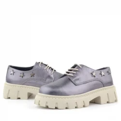 Rakerplus Platin Hakiki Deri Bağcıklı Yıldızlı Kız Çocuk Oxford Okul Ayakkabı