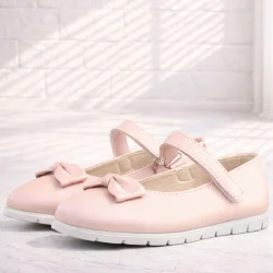 Rakerplus Pudra Pembe Fiyonklu Cırtlı Kız Çocuk Babet Ayakkabı