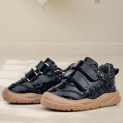 Rakerplus Schaggy Hakiki Deri Parlak Siyah Bebek Spor Ayakkabı