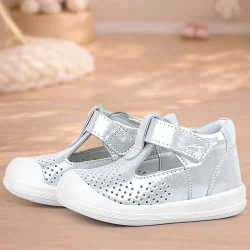 Rakerplus Shaun Hakiki Deri Beyaz Simli Cırtlı Anatomik Bebek Sandalet Ayakkabı