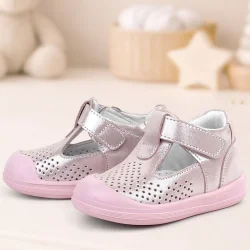 Rakerplus Shaun Hakiki Deri Pembe Simli Cırtlı Anatomik Bebek Sandalet Ayakkabı