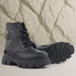 Rakerplus Siyah Bağcıklı Fermuarlı Metal Detaylı Kız Çocuk Bot