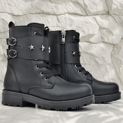 Rakerplus Siyah Bağcıklı Fermuarlı Yıldız Detaylı Kız Çocuk Bot