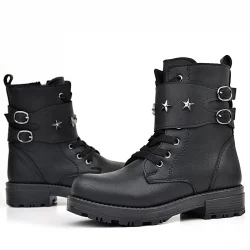 Rakerplus Siyah Bağcıklı Fermuarlı Yıldız Detaylı Kız Çocuk Bot