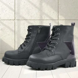 Rakerplus Siyah Hakiki Deri Platin Yıldız Detaylı Kız Çocuk Bot