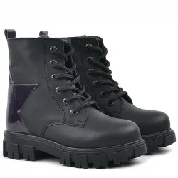 Rakerplus Siyah Hakiki Deri Platin Yıldız Detaylı Kız Çocuk Bot