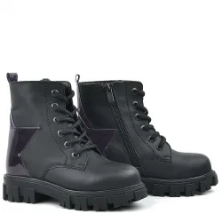 Rakerplus Siyah Hakiki Deri Platin Yıldız Detaylı Kız Çocuk Bot