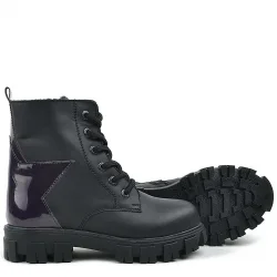 Rakerplus Siyah Hakiki Deri Platin Yıldız Detaylı Kız Çocuk Bot